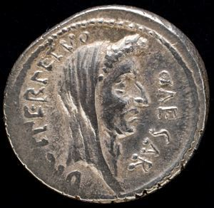 Image of Denarius (coin); obverse: Veiled Head of Julius Caesar; reverse: Venus Holding Victory and Scepter