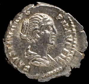 Image of Denarius (coin); obverse: Draped Female Bust; reverse: Concordia Seated on Throne with Globe Beneath